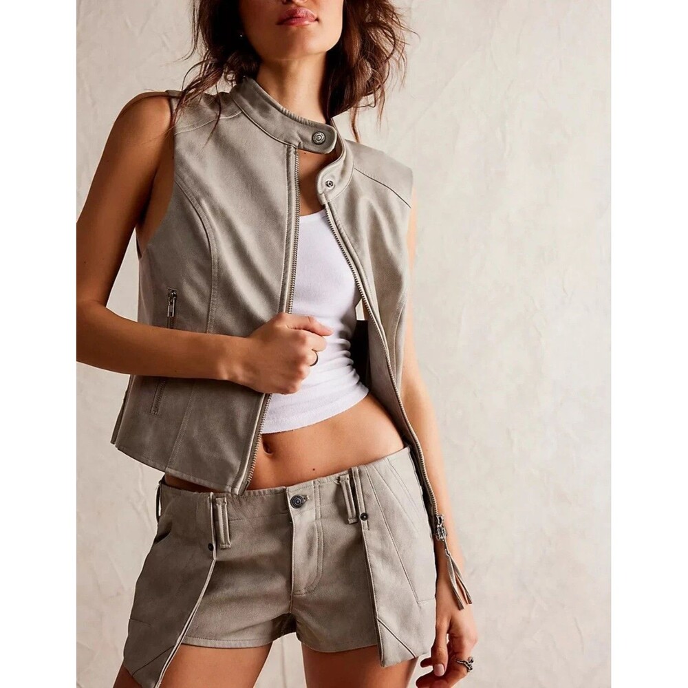 We The Free Sweeney Medium vegan leather vest full zip collar snap button pocket